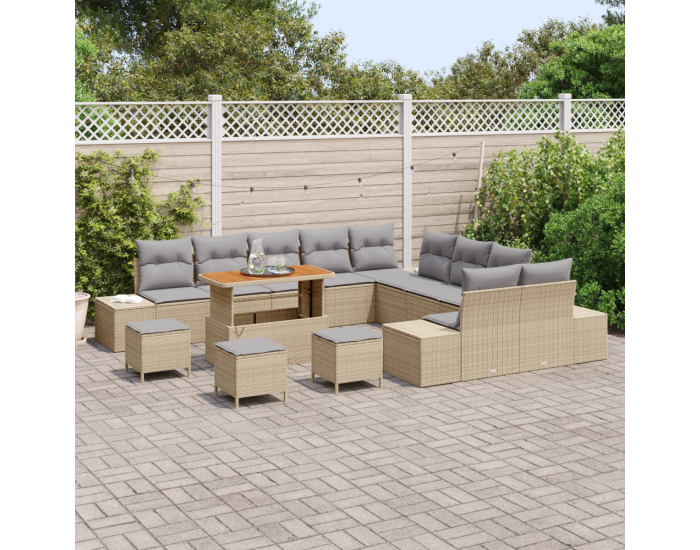 Комплект градински диван Sonata H от 14 части с възглавници Бежов Полиратан Акация
