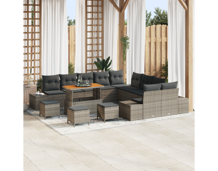 14 части градински диван с възглавници сив полиратан акация