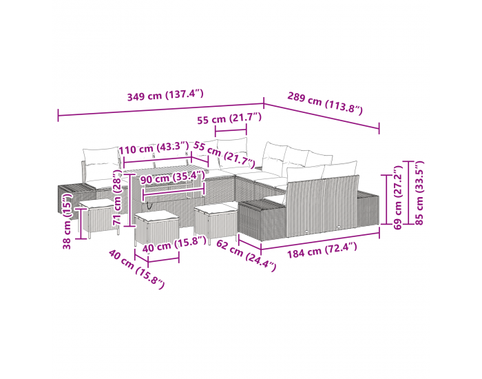 14 части градински диван с възглавници сив полиратан акация