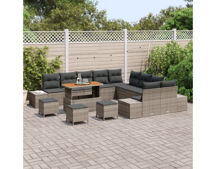 14 части градински диван с възглавници сив полиратан акация