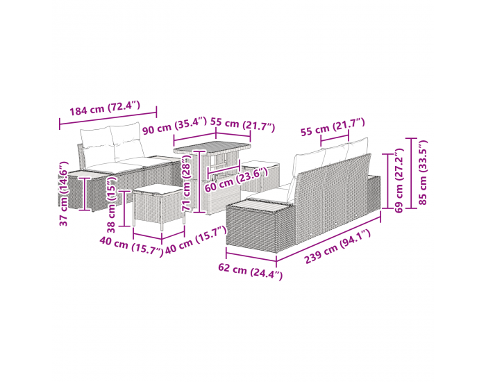 8 части градински диван комплект с възглавници сив полиратан