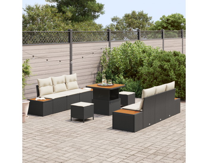 градински диван комплект Sonata H с 9 части с възглавници Черен поли ратан акация