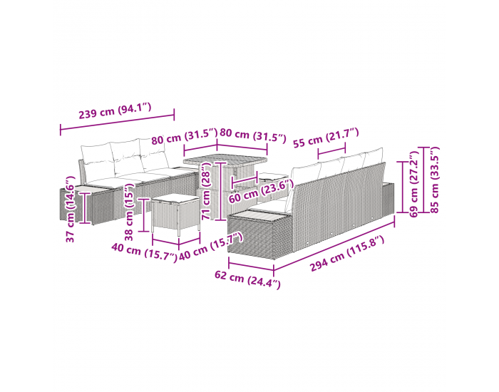 Sonata H 10 Частен градински диван комплект с възглавници черен полиратан акация