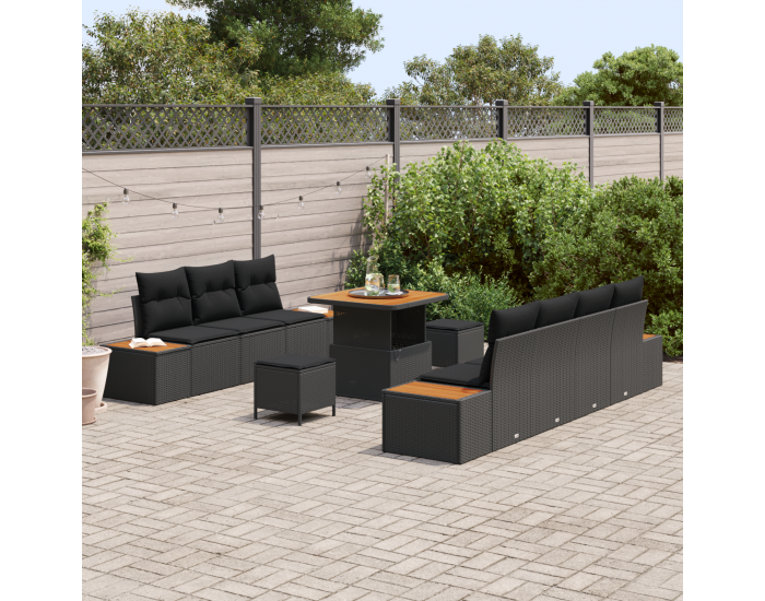 Sonata H 10 Частен градински диван комплект с възглавници черен полиратан акация