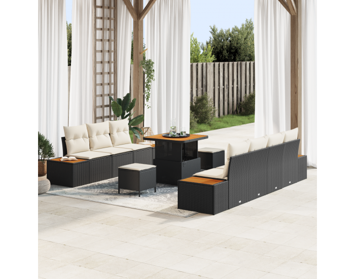 Sonata H 10 частен градински диван комплект с възглавници черен поли ратан акация