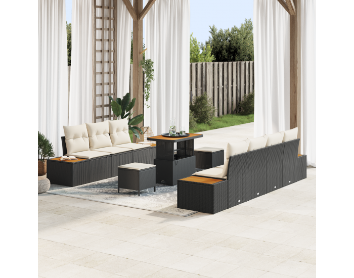 Sonata H 10 Парчен Комплект Градински Диван с Възглавници Черен Полиратан Акация