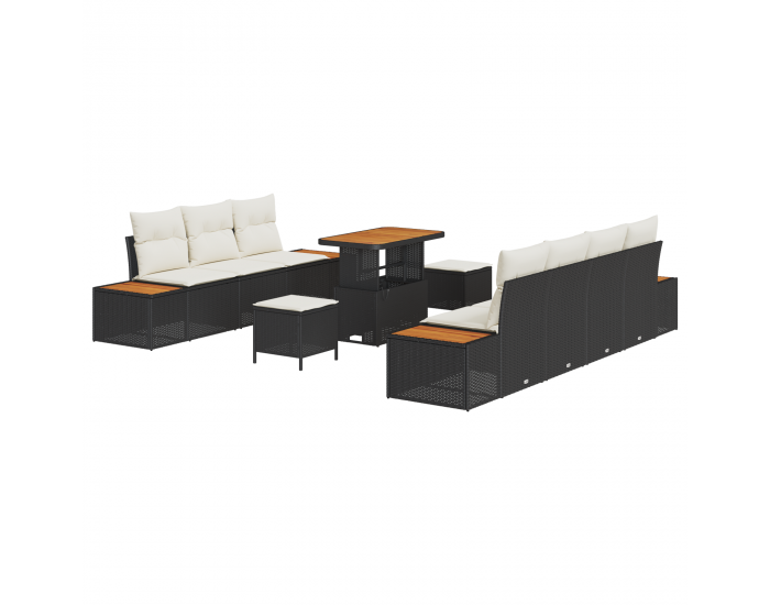 Sonata H 10 Парчен Комплект Градински Диван с Възглавници Черен Полиратан Акация