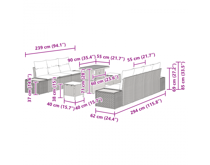 Sonata H 10 Парчен Комплект Градински Диван с Възглавници Черен Полиратан Акация