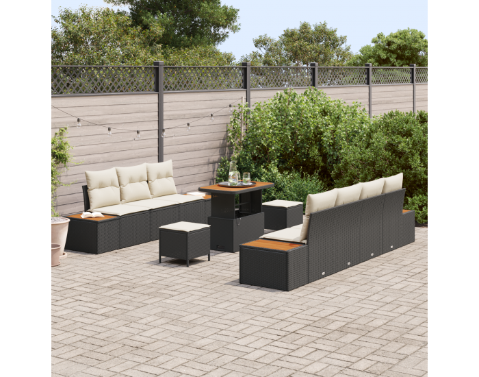 Sonata H 10 Парчен Комплект Градински Диван с Възглавници Черен Полиратан Акация