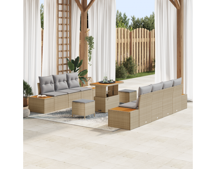 Sonata H 10 Членен Градински Диван Комплект с Възглавници Бежов Полирано Ратан