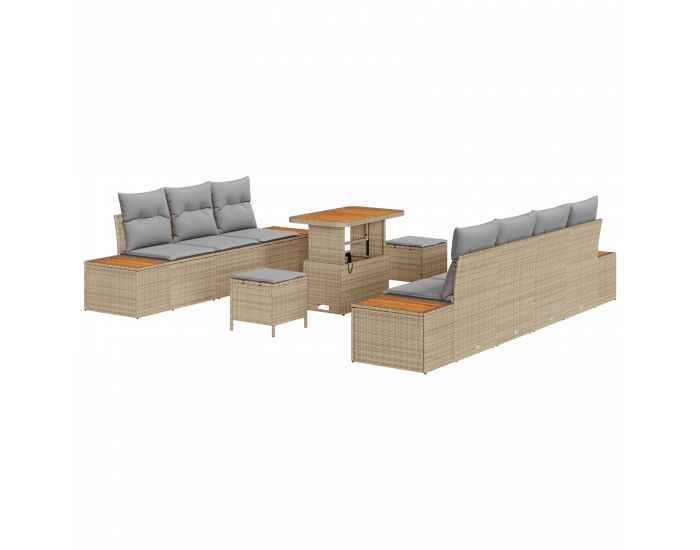 Sonata H 10 Членен Градински Диван Комплект с Възглавници Бежов Полирано Ратан