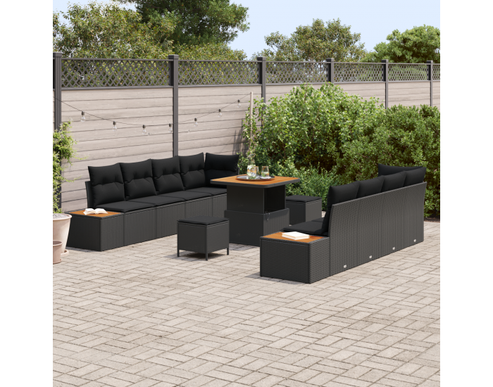 Sonata H 11 частен градински диван комплект с възглавници Черен полиратан Акация