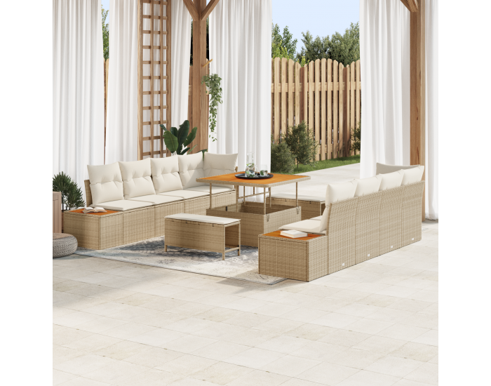 Sonata H 11 Часовен Комплект Градински Диван с Възглавници Бежов Полиратан Акация