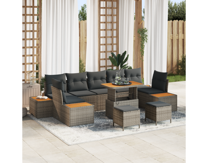 Sonata H 10-частов комплект градински дивани с възглавници Сиво Полиратан Акация