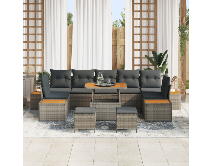 Sonata H 10-частов комплект градински дивани с възглавници Сиво Полиратан Акация