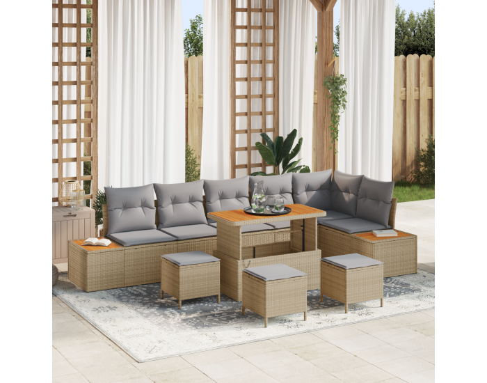 Sonata H 10 Часовен Градински Диван Комплект с Възглавници Бежов Полиратан Акация