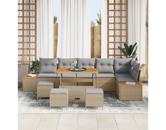 Sonata H 10 Часовен Градински Диван Комплект с Възглавници Бежов Полиратан Акация