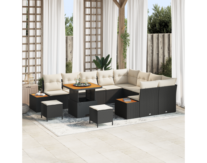 Sonata H 12 части градински диван комплект с възглавници черен полиратан акация