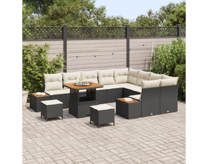 Sonata H 12 части градински диван комплект с възглавници черен полиратан акация