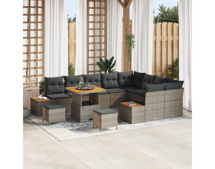 Sonata H 12 Piece Garden Sofa Set with Cushions Grey Poly Rattan Acacia