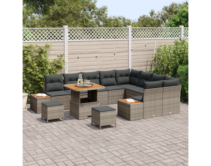 Sonata H 12 Piece Garden Sofa Set with Cushions Grey Poly Rattan Acacia