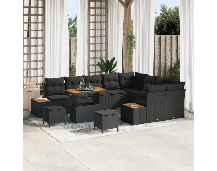 Комплект градински диван Sonata H 12 части с възглавници Черен полиратан акация