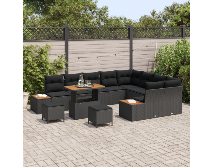 Комплект градински диван Sonata H 12 части с възглавници Черен полиратан акация