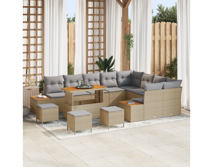 Градински Диван Комплект на Sonata H 13 Части с Възглавници Бежов Полиратан Акация