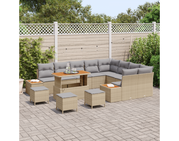 Градински Диван Комплект на Sonata H 13 Части с Възглавници Бежов Полиратан Акация