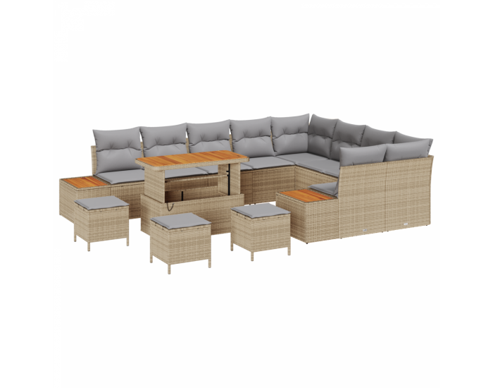 Градински Диван Комплект на Sonata H 13 Части с Възглавници Бежов Полиратан Акация