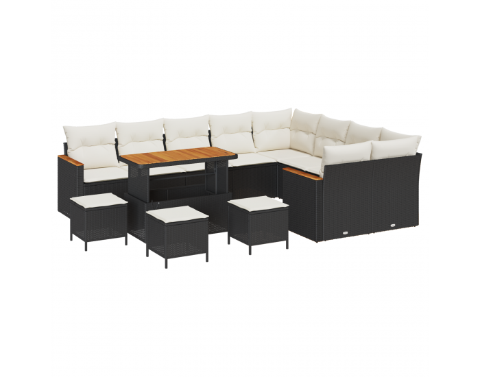 Sonata H 13 части градински диван комплект с възглавници черен полиестерен ратан акация