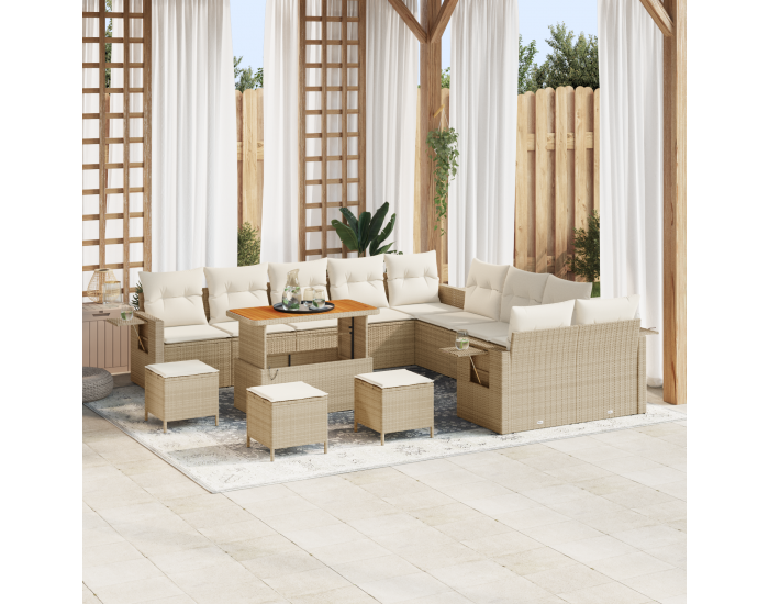 14-частен градински диван комплект с възглавници Бежово Полиратан Акация