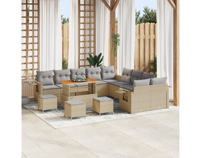 Комплект градински диван Sonata H с 14 части с възглавници Бежови полирани ратани