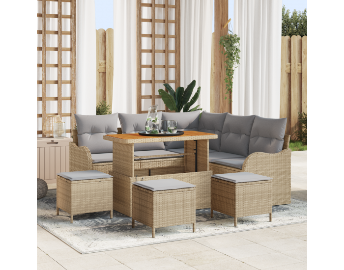 9-частен комплект градински диван с възглавници бежов полиестер ратан акация