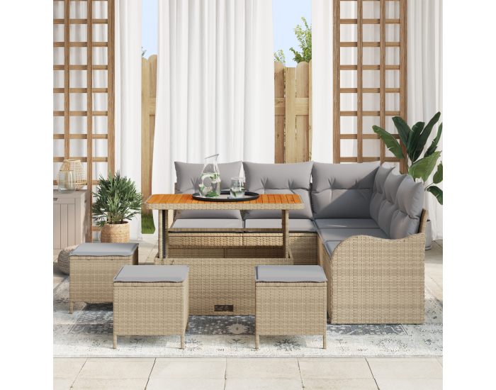 9-частен комплект градински диван с възглавници бежов полиестер ратан акация