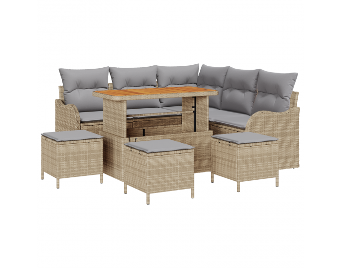 9-частен комплект градински диван с възглавници бежов полиестер ратан акация