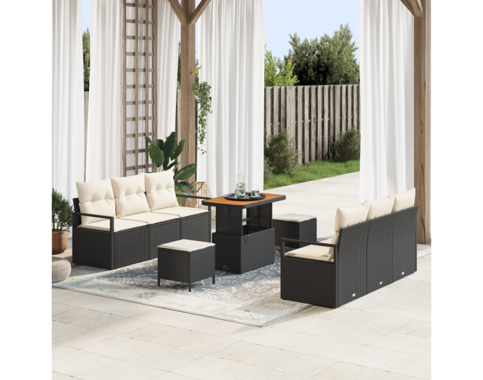 Комплект от 9 части диван за градина с възглавници черен полиратан акация
