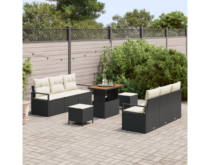 Комплект от 9 части диван за градина с възглавници черен полиратан акация