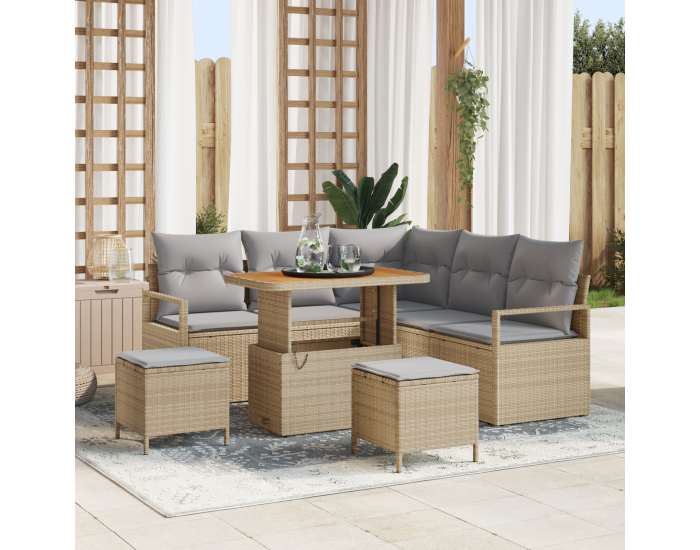 8-частов комплект градински диван с възглавници бежов полиратан акация