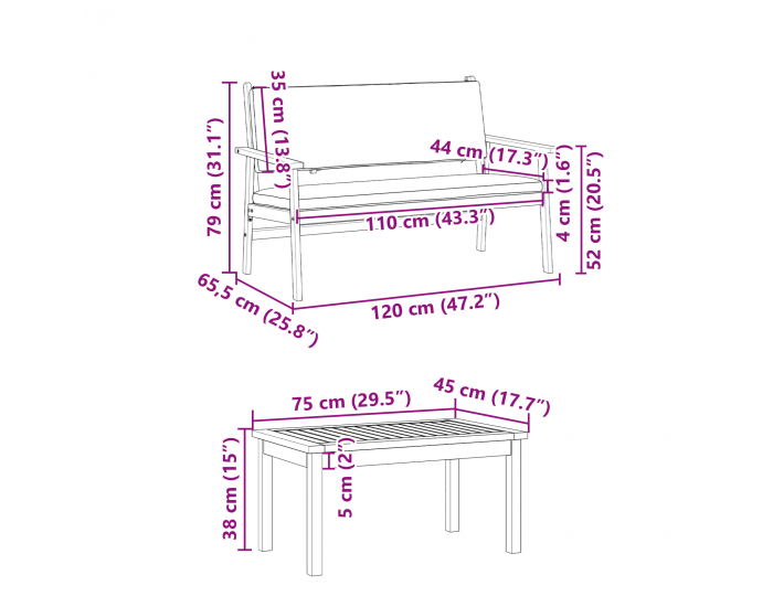 Sonata H 4 Часовен комплект градински диван с възглавници от масивна акациева дървесина
