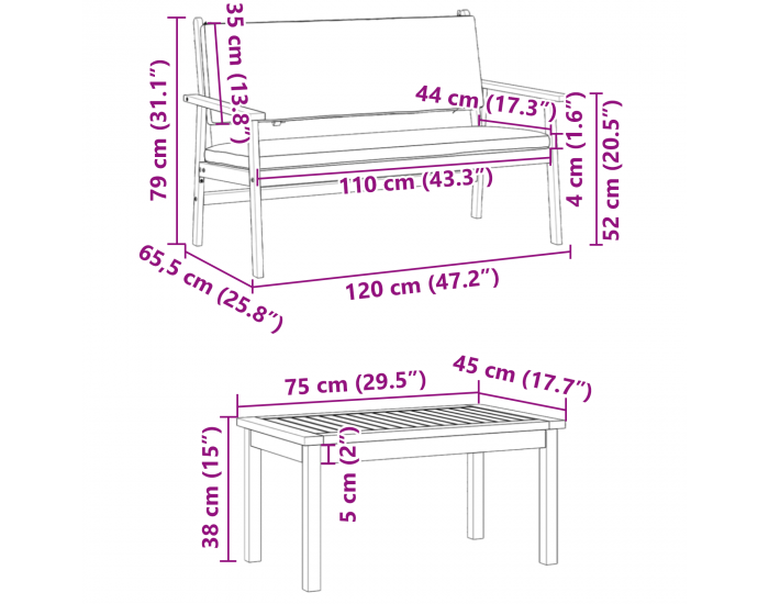 Sonata H 4-членен комплект градински диван с възглавници от масивна акациева дървесина