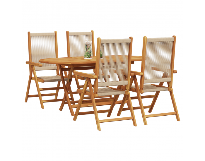 Sonata H 5 части градински комплект за хранене в бежово от солидно акациево дърво и полиратан