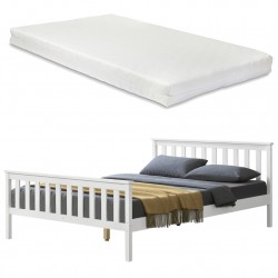 Легло от борово дърво с подматрачна решетка и матрак, 180х200, Бяло - Легла