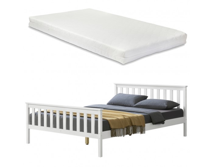 Легло от борово дърво с подматрачна решетка и матрак, 180х200, Бяло -