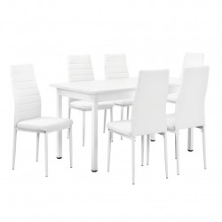 Гарнитура за трапезария с 6 стола Turku140 x 60 cm, изкуствена кожа, за шестима, Бяла - Комплекти маси и столове