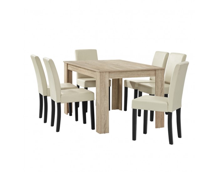 Комплект маса за хранене с 6 тапицирани стола  Nora  140 x 90 cm Дъб/Светлокафяв/Бежов -