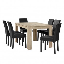 Комплект маса за хранене с 6 тапицирани стола  Nora  140 x 90 cm Дъб/Светлокафяв/Черен - Комплекти маси и столове