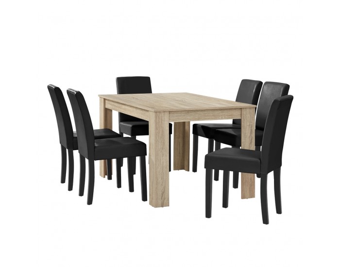 Комплект маса за хранене с 6 тапицирани стола  Nora  140 x 90 cm Дъб/Светлокафяв/Черен -