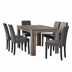 Комплект маса за хранене с 6 тапицирани стола Nora  140 x 90 cm Дъб/Тъмнокафяв/Тъмносив - Комплекти маси и столове
