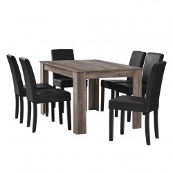 Комплект маса за хранене с 6 тапицирани стола  Nora  140 x 90 cm Дъб/Тъмнокафяв/Черен - Комплекти маси и столове
